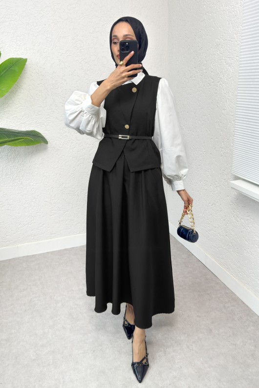 Kemerli Yelek Etek Takım 2245 - SİYAH Kemerli Yelek Etek Takım 2245 - SİYAH