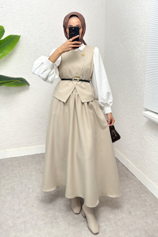 Kemerli Yelek Etek Takım 2245 - TAŞ RENGİ