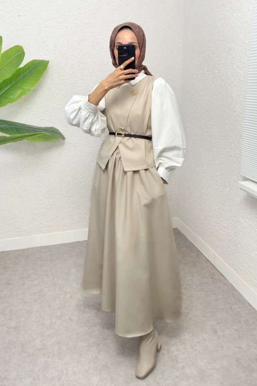 Kemerli Yelek Etek Takım 2245 - TAŞ RENGİ