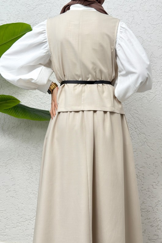 Kemerli Yelek Etek Takım 2245 - TAŞ RENGİ