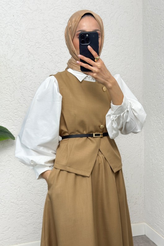 Kemerli Yelek Etek Takım 2245 - VİZON