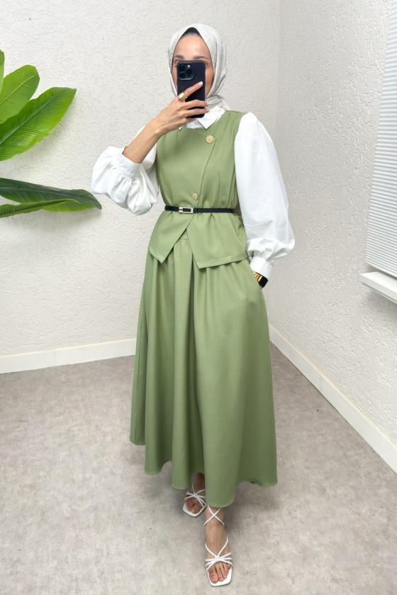 Kemerli Yelek Etek Takım 2245 - FISTIK YEŞİLİ