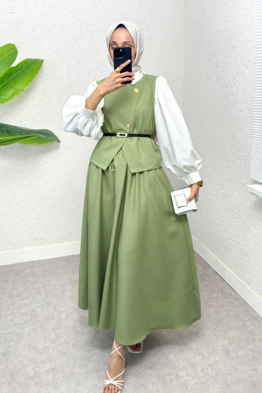 Kemerli Yelek Etek Takım 2245 - FISTIK YEŞİLİ