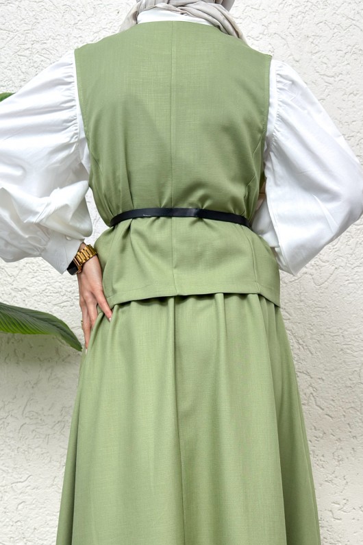 Kemerli Yelek Etek Takım 2245 - FISTIK YEŞİLİ