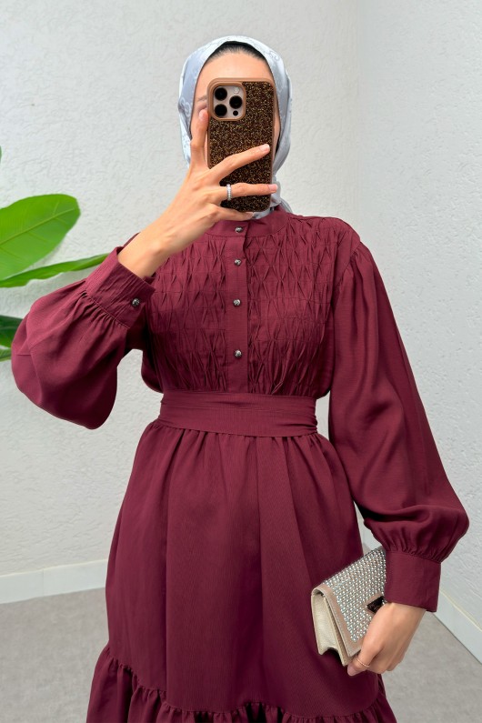 Yarım Düğmeli Tesettür Elbise 2247 - BORDO Yarım Düğmeli Tesettür Elbise 2247 - BORDO
