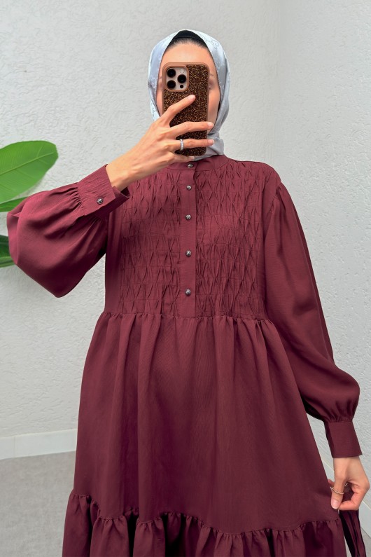 Yarım Düğmeli Tesettür Elbise 2247 - BORDO Yarım Düğmeli Tesettür Elbise 2247 - BORDO