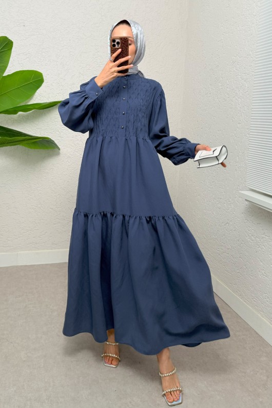 Yarım Düğmeli Tesettür Elbise 2247 - İNDİGO Yarım Düğmeli Tesettür Elbise 2247 - İNDİGO