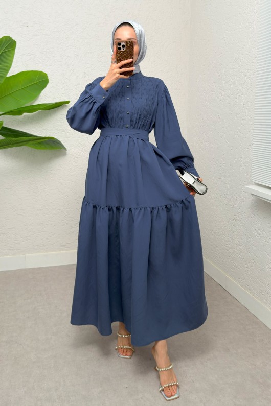 Yarım Düğmeli Tesettür Elbise 2247 - İNDİGO Yarım Düğmeli Tesettür Elbise 2247 - İNDİGO