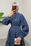 Yarım Düğmeli Tesettür Elbise 2247 - İNDİGO Yarım Düğmeli Tesettür Elbise 2247 - İNDİGO