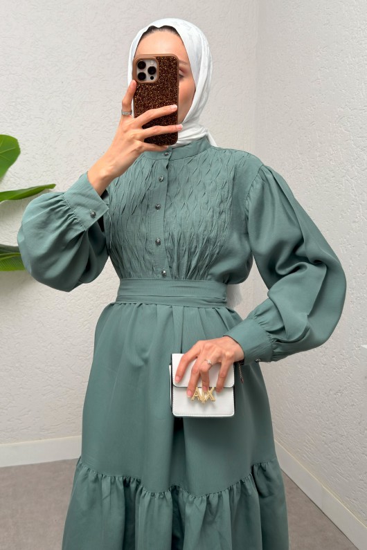 Yarım Düğmeli Tesettür Elbise 2247 - MİNT YEŞİLİ