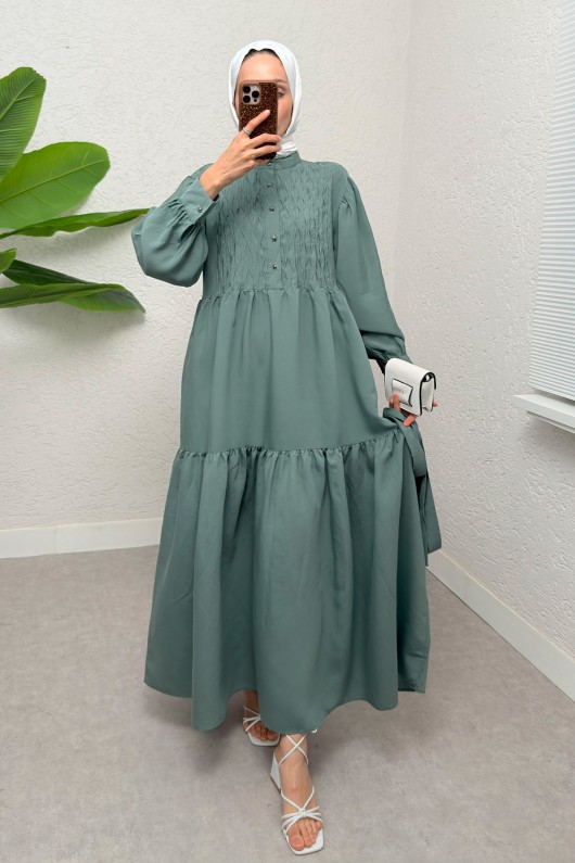 Yarım Düğmeli Tesettür Elbise 2247 - MİNT YEŞİLİ