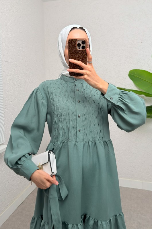 Yarım Düğmeli Tesettür Elbise 2247 - MİNT YEŞİLİ