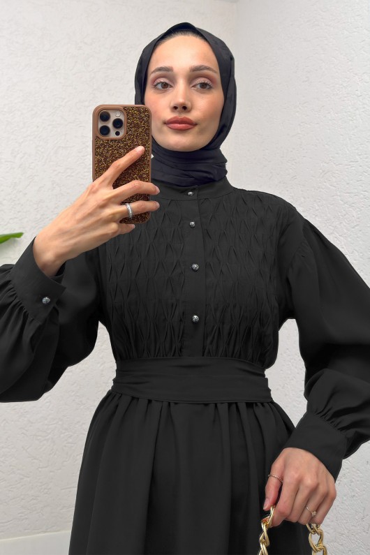 Yarım Düğmeli Tesettür Elbise 2247 - SİYAH