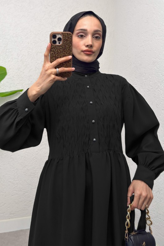 Yarım Düğmeli Tesettür Elbise 2247 - SİYAH