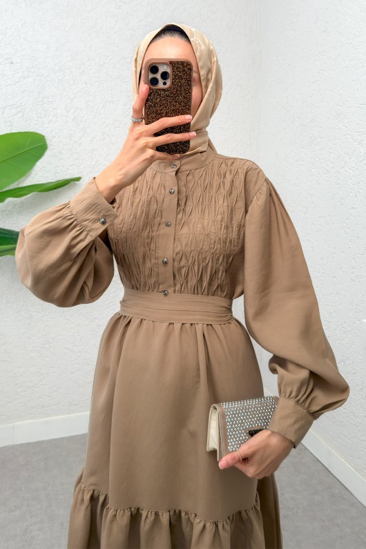 Yarım Düğmeli Tesettür Elbise 2247 - VİZON Yarım Düğmeli Tesettür Elbise 2247 - VİZON