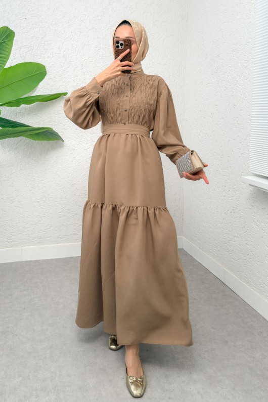 Yarım Düğmeli Tesettür Elbise 2247 - VİZON Yarım Düğmeli Tesettür Elbise 2247 - VİZON