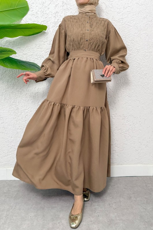 Yarım Düğmeli Tesettür Elbise 2247 - VİZON Yarım Düğmeli Tesettür Elbise 2247 - VİZON