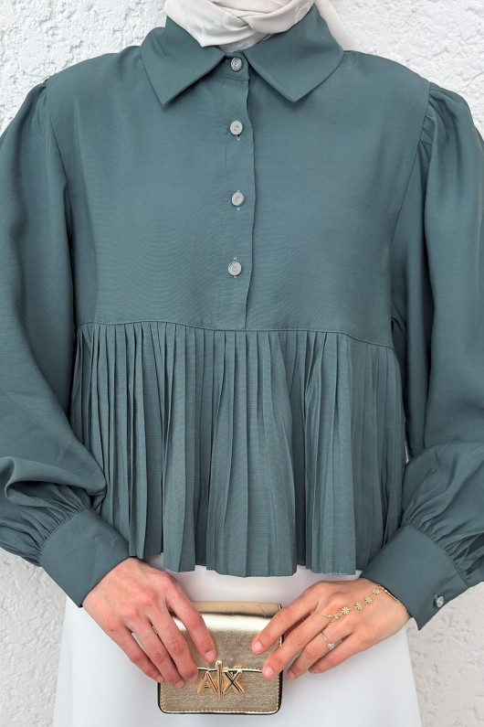 Etek Ucu Pliseli Gömlek 2248 - ÇAĞLA YEŞİLİ