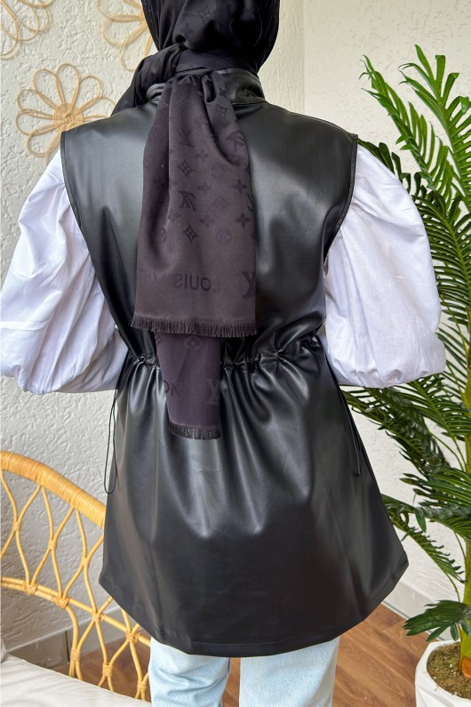 22481 Fermuarlı Deri Yelek - SİYAH