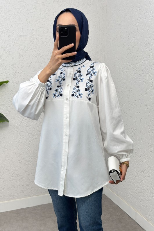 Hakim Yaka Nakışlı Gömlek 2251 - BEYAZ Hakim Yaka Nakışlı Gömlek 2251 - BEYAZ