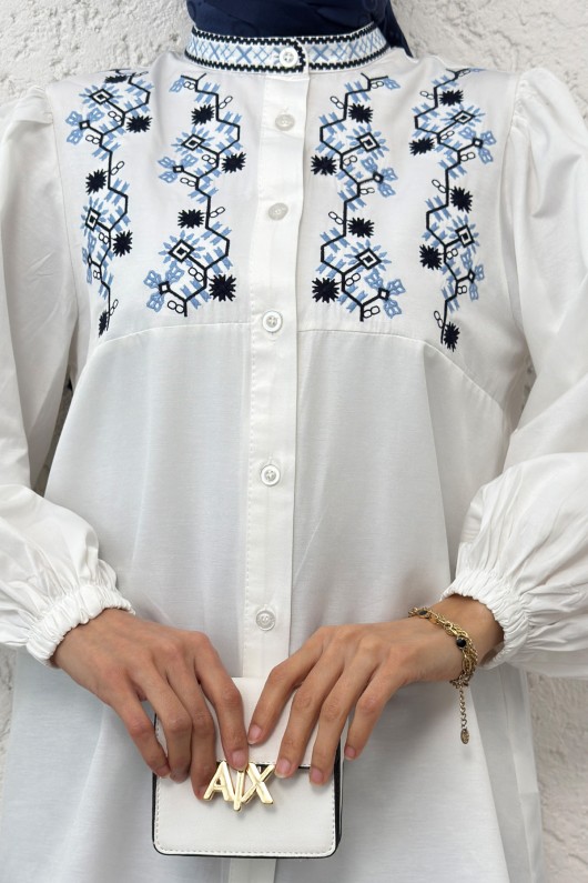 Hakim Yaka Nakışlı Gömlek 2251 - BEYAZ Hakim Yaka Nakışlı Gömlek 2251 - BEYAZ