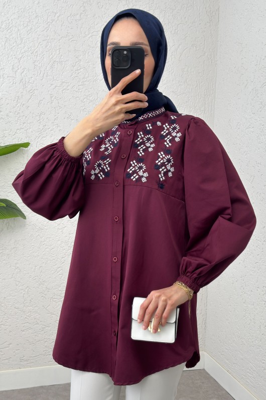 Hakim Yaka Nakışlı Gömlek 2251 - BORDO Hakim Yaka Nakışlı Gömlek 2251 - BORDO