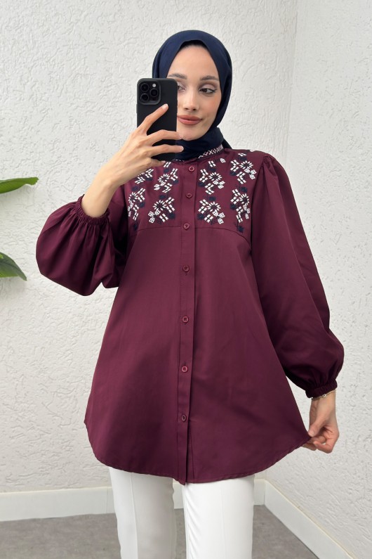 Hakim Yaka Nakışlı Gömlek 2251 - BORDO Hakim Yaka Nakışlı Gömlek 2251 - BORDO
