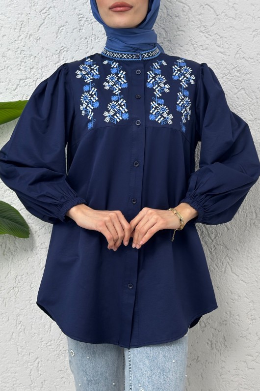 Hakim Yaka Nakışlı Gömlek 2251 - LACİVERT Hakim Yaka Nakışlı Gömlek 2251 - LACİVERT