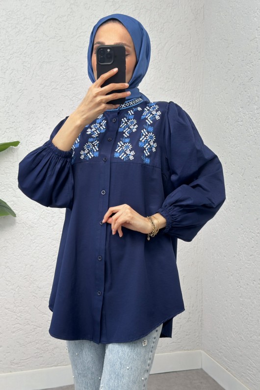 Hakim Yaka Nakışlı Gömlek 2251 - LACİVERT Hakim Yaka Nakışlı Gömlek 2251 - LACİVERT