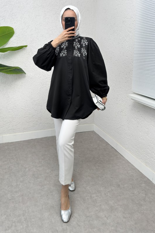 Hakim Yaka Nakışlı Gömlek 2251 - SİYAH Hakim Yaka Nakışlı Gömlek 2251 - SİYAH