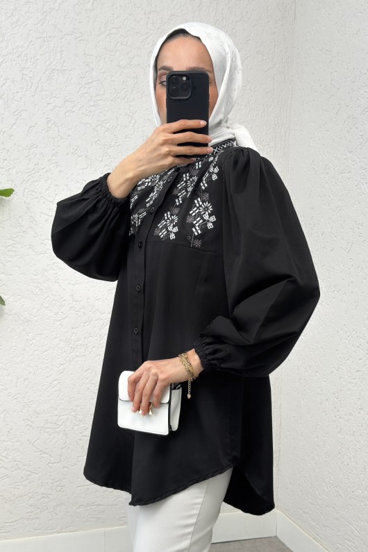 Hakim Yaka Nakışlı Gömlek 2251 - SİYAH Hakim Yaka Nakışlı Gömlek 2251 - SİYAH