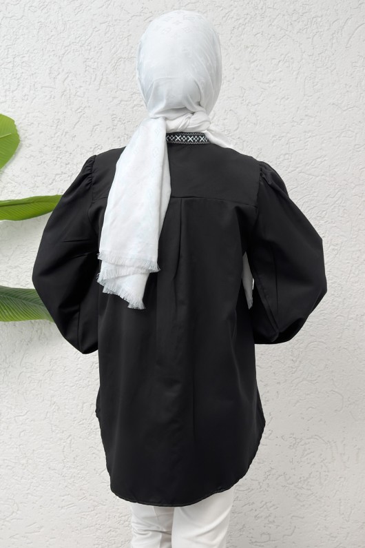 Hakim Yaka Nakışlı Gömlek 2251 - SİYAH Hakim Yaka Nakışlı Gömlek 2251 - SİYAH