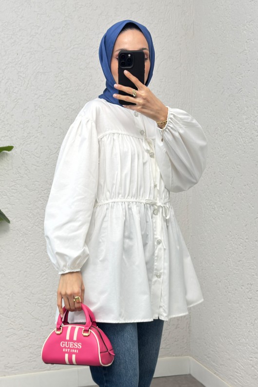 Büzgülü Bağcıklı Tunik 2252 - BEYAZ