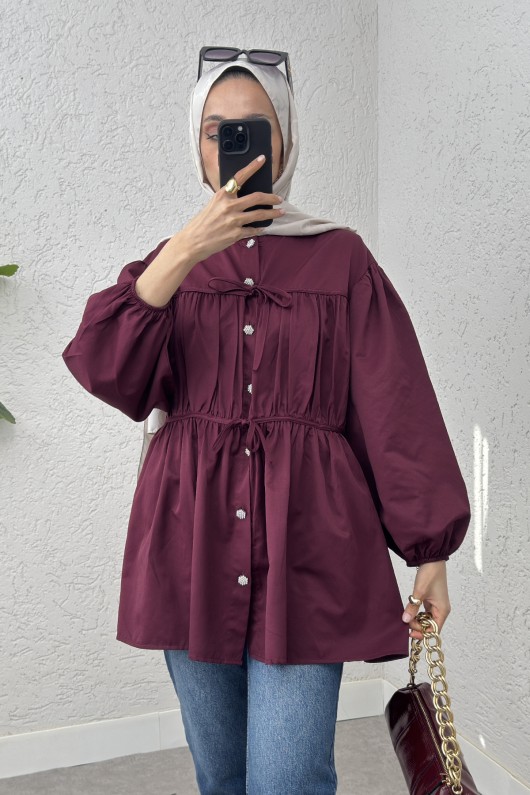 Büzgülü Bağcıklı Tunik 2252 - BORDO Büzgülü Bağcıklı Tunik 2252 - BORDO
