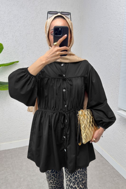 Büzgülü Bağcıklı Tunik 2252 - SİYAH