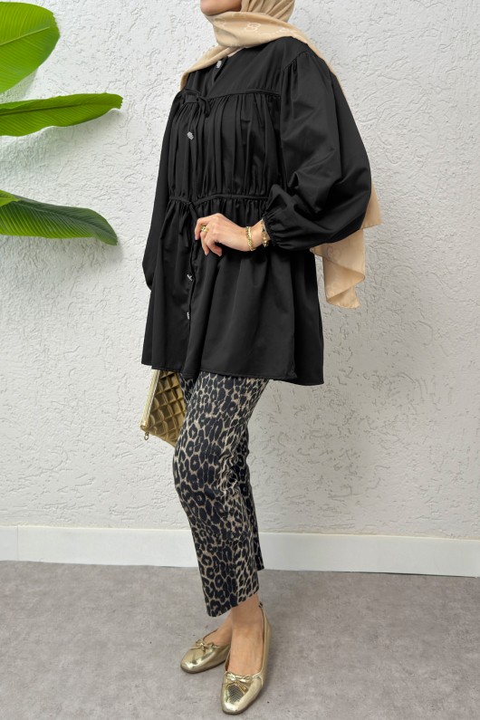 Büzgülü Bağcıklı Tunik 2252 - SİYAH