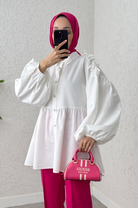 Dantel Detaylı Balon Kol Tunik 2253 - BEYAZ