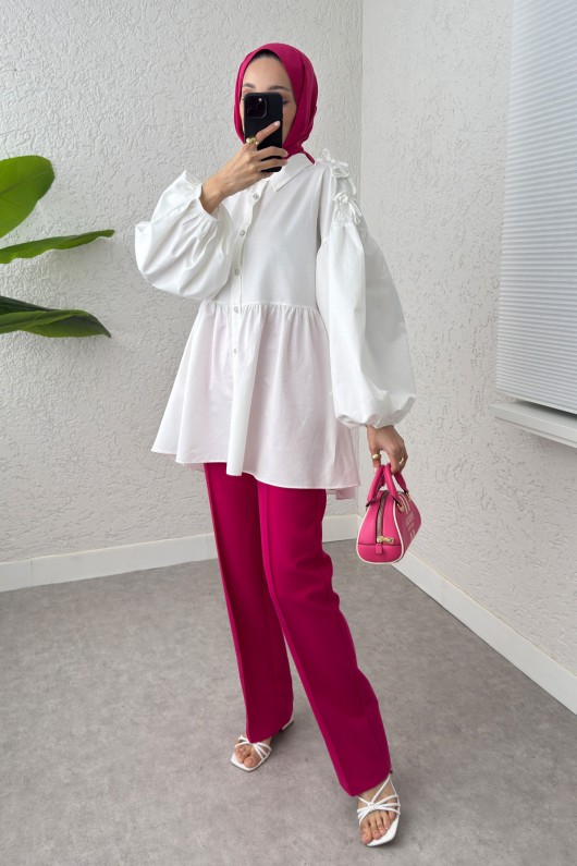 Dantel Detaylı Balon Kol Tunik 2253 - BEYAZ