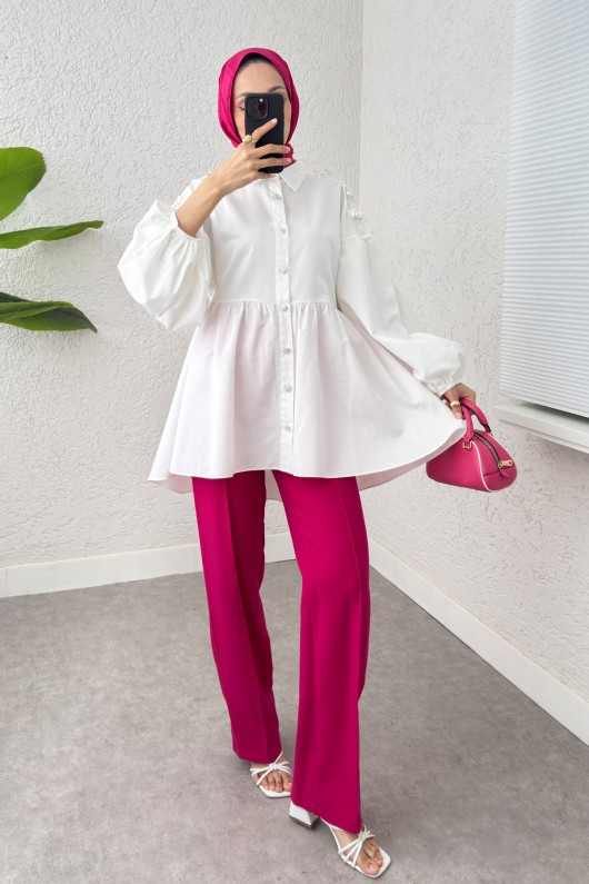 Dantel Detaylı Balon Kol Tunik 2253 - BEYAZ