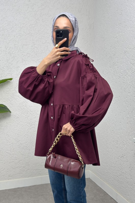 Dantel Detaylı Balon Kol Tunik 2253 - BORDO
