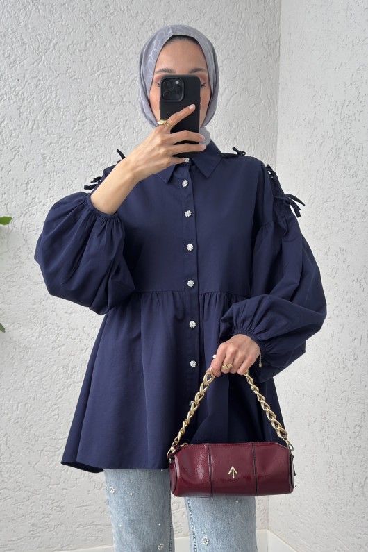 Dantel Detaylı Balon Kol Tunik 2253 - LACİVERT