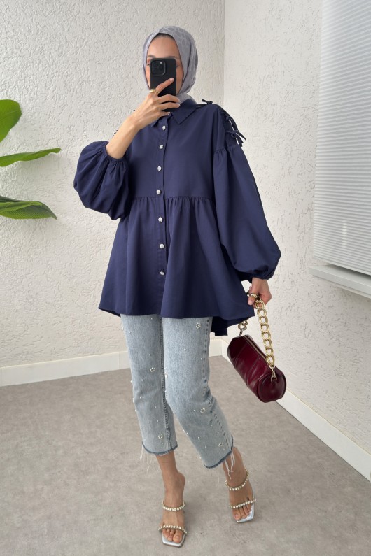 Dantel Detaylı Balon Kol Tunik 2253 - LACİVERT