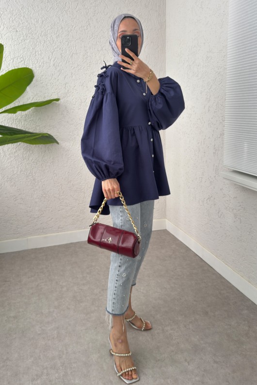 Dantel Detaylı Balon Kol Tunik 2253 - LACİVERT