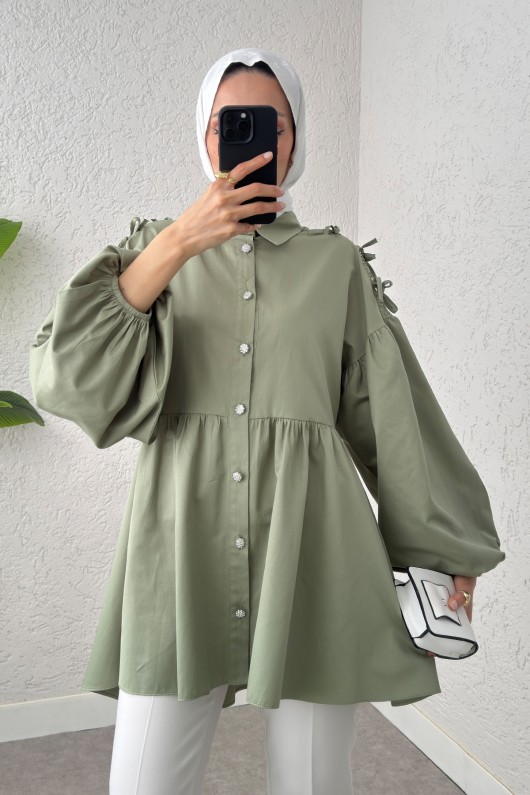 Dantel Detaylı Balon Kol Tunik 2253 - MİNT YEŞİLİ