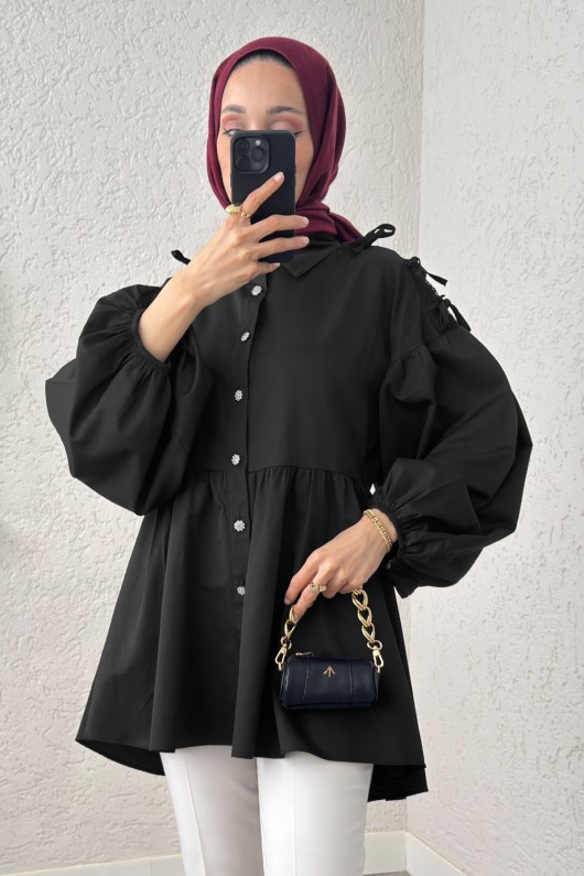 Dantel Detaylı Balon Kol Tunik 2253 - SİYAH