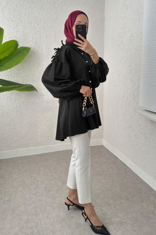 Dantel Detaylı Balon Kol Tunik 2253 - SİYAH