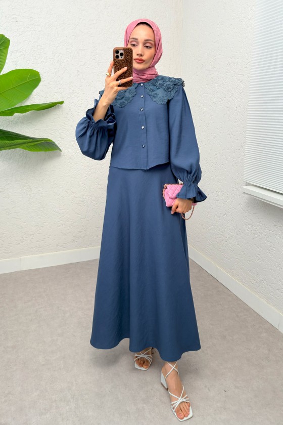 Bebe Yaka Etek Takım 2255 - İNDİGO