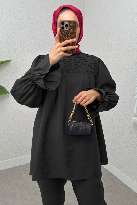 Önü Çımalı Tesettür Takım 2257 - SİYAH Önü Çımalı Tesettür Takım 2257 - SİYAH