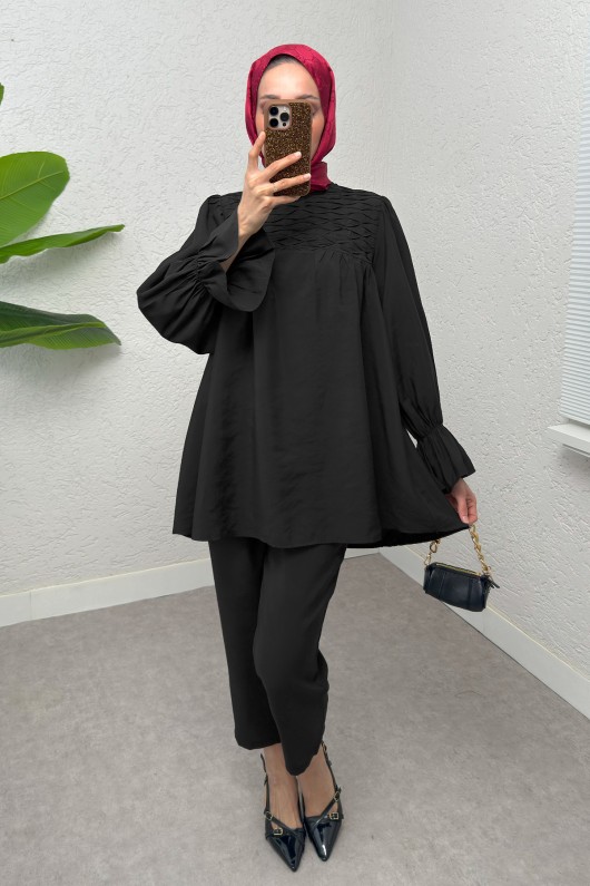 Önü Çımalı Tesettür Takım 2257 - SİYAH Önü Çımalı Tesettür Takım 2257 - SİYAH