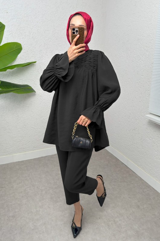 Önü Çımalı Tesettür Takım 2257 - SİYAH Önü Çımalı Tesettür Takım 2257 - SİYAH